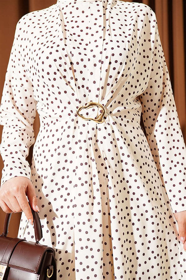 Polka Dot Dress with Gathered Front Detail, Beige
