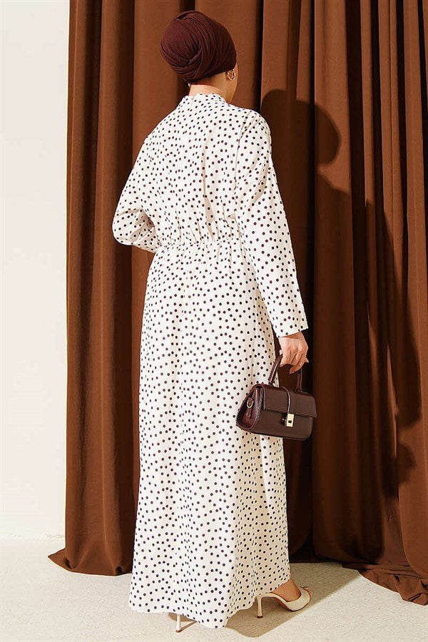 Polka Dot Dress with Gathered Front Detail, Beige