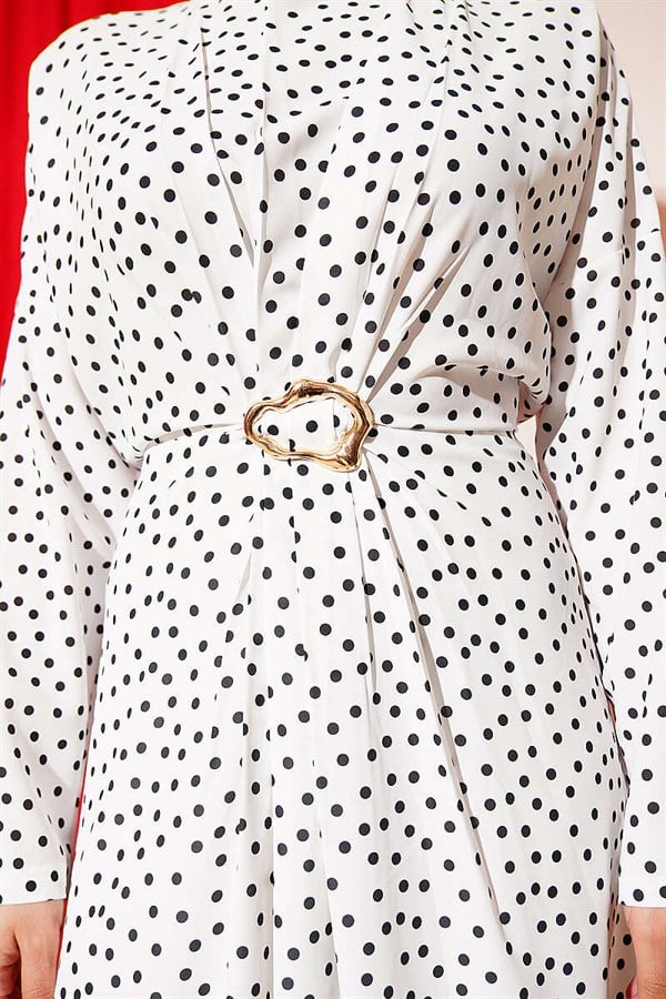 White Polka Dot Dress with Gathered Front Detail