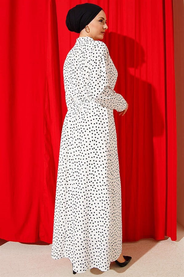 White Polka Dot Dress with Gathered Front Detail