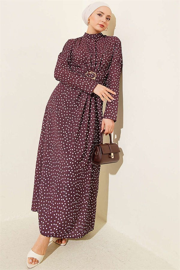 Polka Dot Dress with Gathered Front Detail, Brown