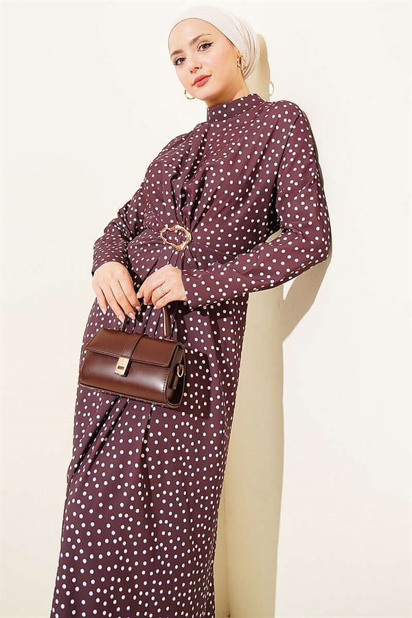 Polka Dot Dress with Gathered Front Detail, Brown