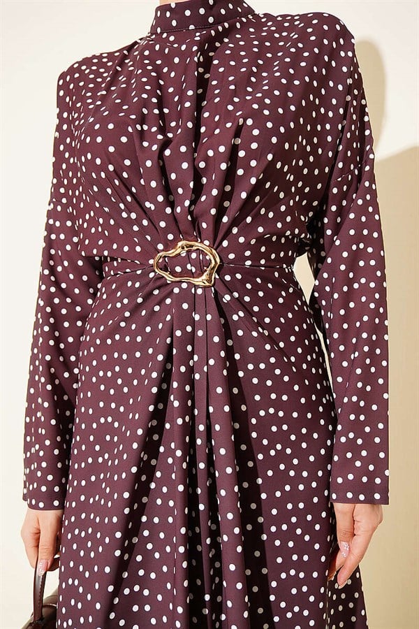 Polka Dot Dress with Gathered Front Detail, Brown