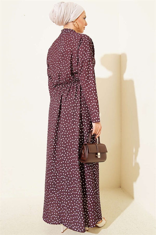 Polka Dot Dress with Gathered Front Detail, Brown