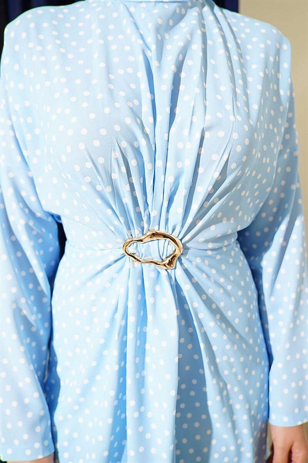 Polka Dot Dress with Gathered Front Detail, Blue