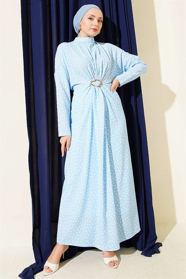 Polka Dot Dress with Gathered Front Detail, Blue