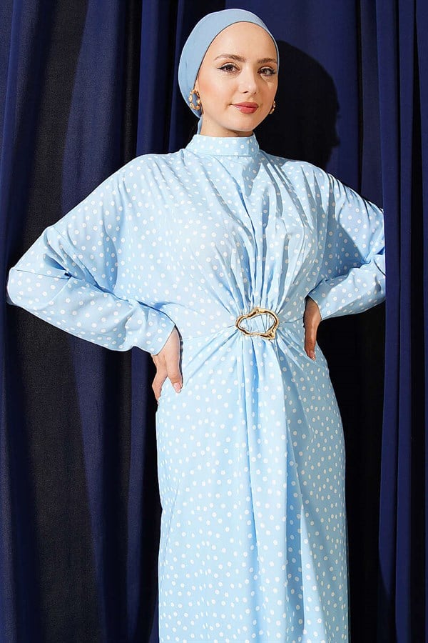 Polka Dot Dress with Gathered Front Detail, Blue