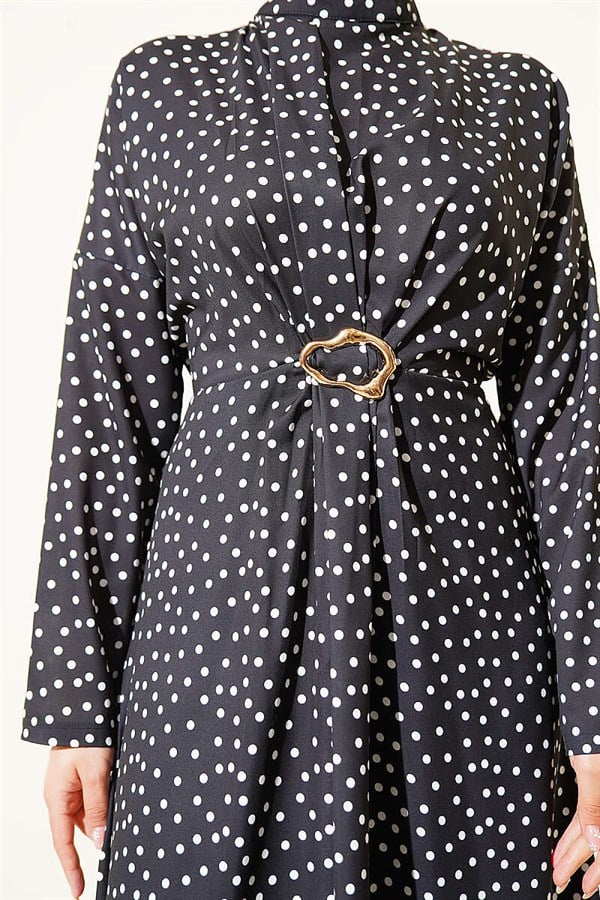 Black Polka Dot Dress with Gathered Front Detail