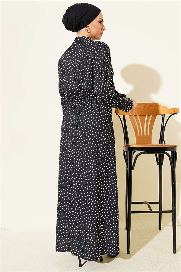 Black Polka Dot Dress with Gathered Front Detail