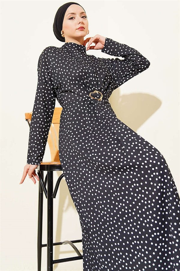 Black Polka Dot Dress with Gathered Front Detail