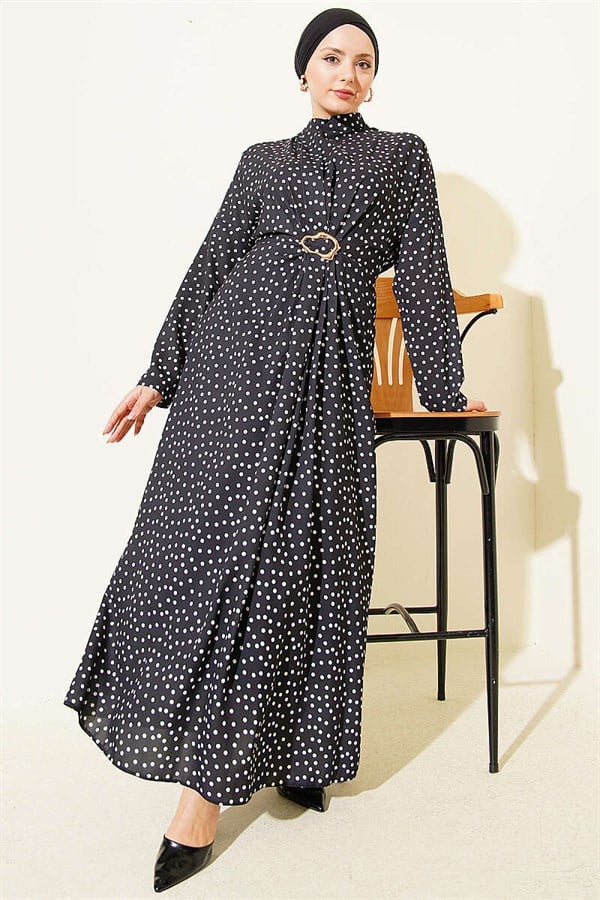 Black Polka Dot Dress with Gathered Front Detail