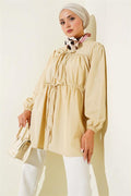 Shirred Lace-Up Front Shirt Beige