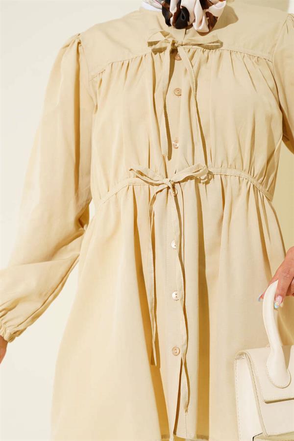 Shirred Lace-Up Front Shirt Beige
