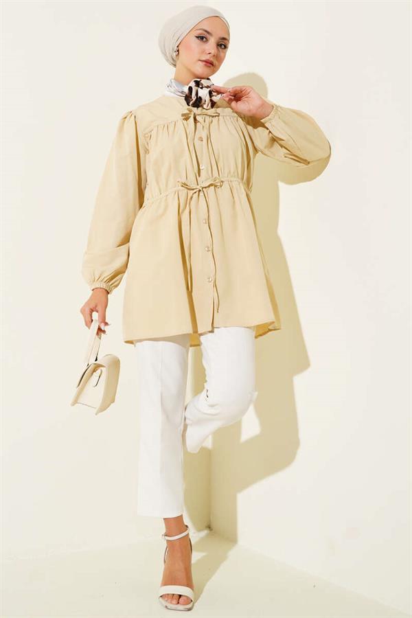 Shirred Lace-Up Front Shirt Beige