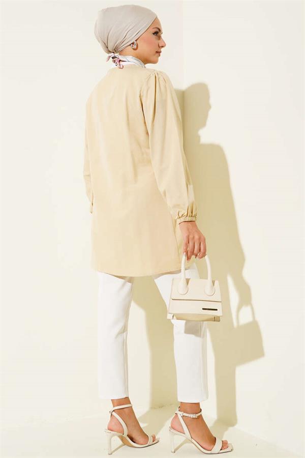 Shirred Lace-Up Front Shirt Beige