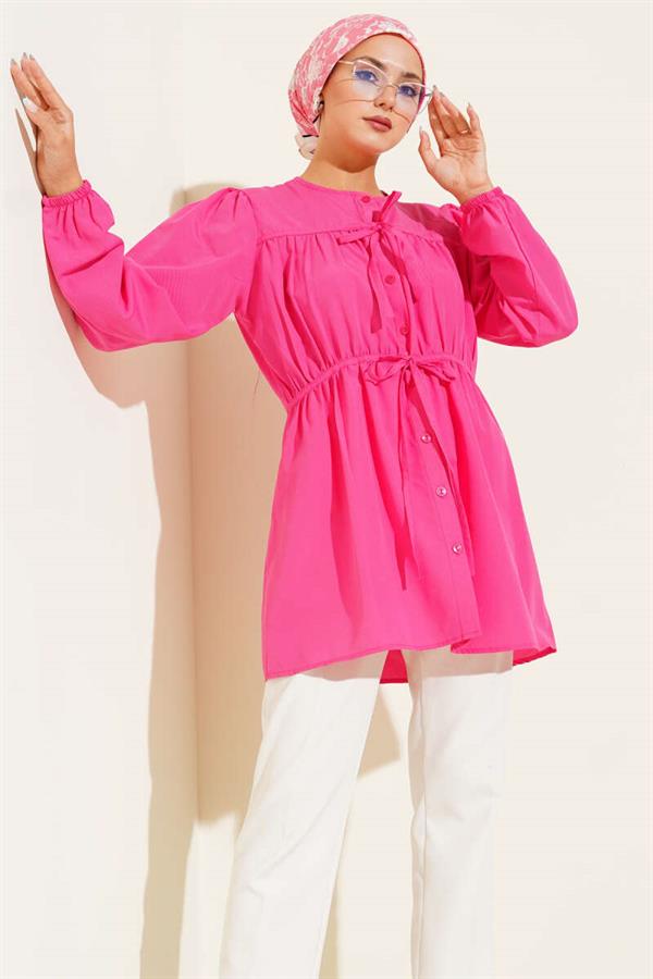 Fuchsia Shirt with Drawstring and Lace Front