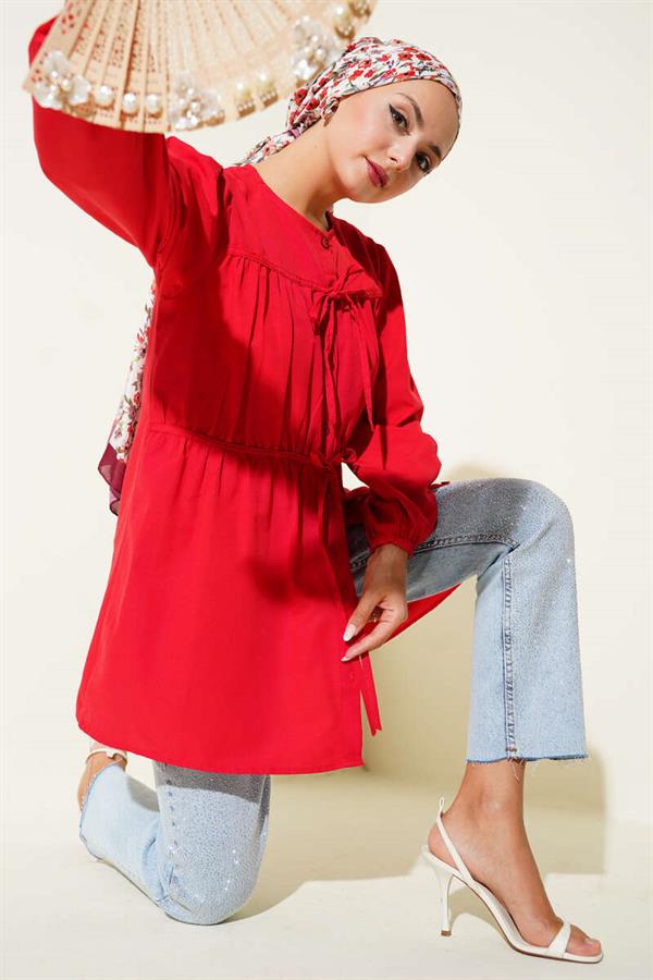 Red Shirt with Drawstring and Lace Front
