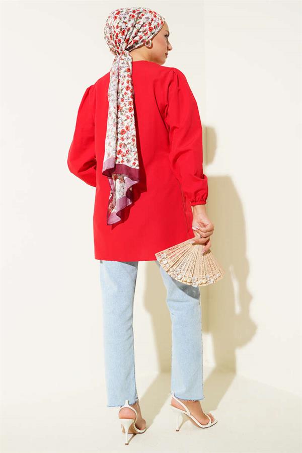 Red Shirt with Drawstring and Lace Front