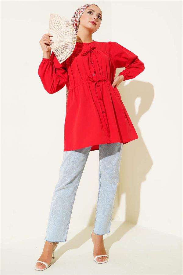 Red Shirt with Drawstring and Lace Front