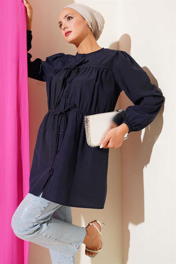 Navy Blue Shirt with Drawstring and Lace Front