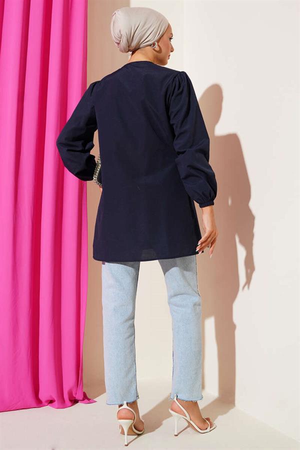 Navy Blue Shirt with Drawstring and Lace Front