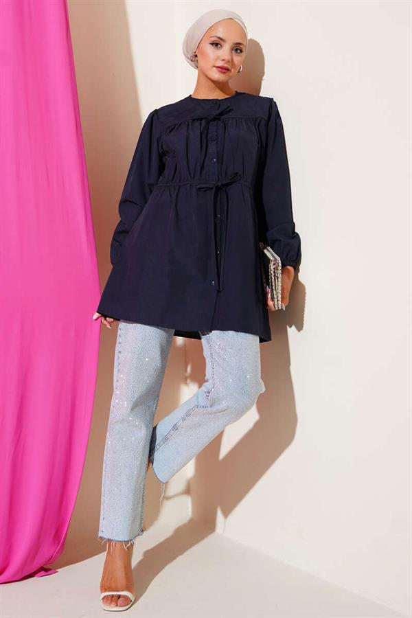 Navy Blue Shirt with Drawstring and Lace Front