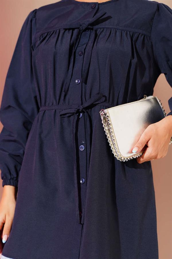 Navy Blue Shirt with Drawstring and Lace Front