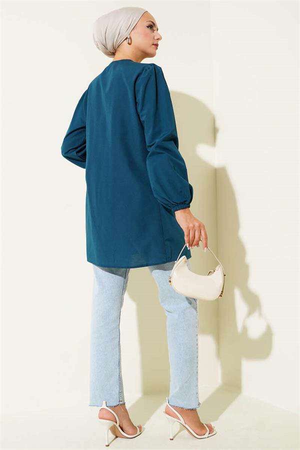 Shirred Lace-Up Front Shirt Petrol