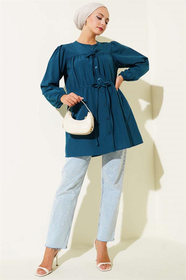 Shirred Lace-Up Front Shirt Petrol