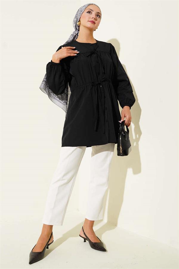 Black Shirt with Drawstring and Lace Front