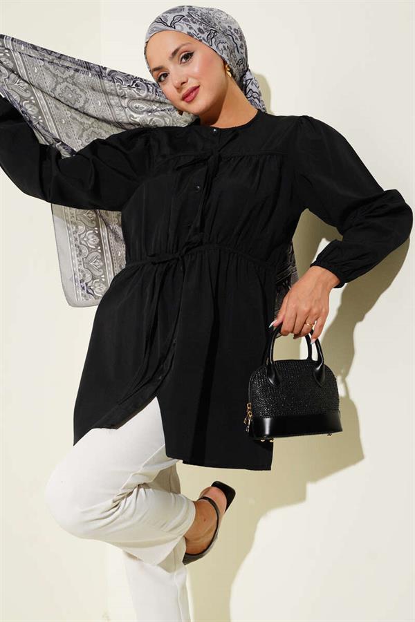 Black Shirt with Drawstring and Lace Front