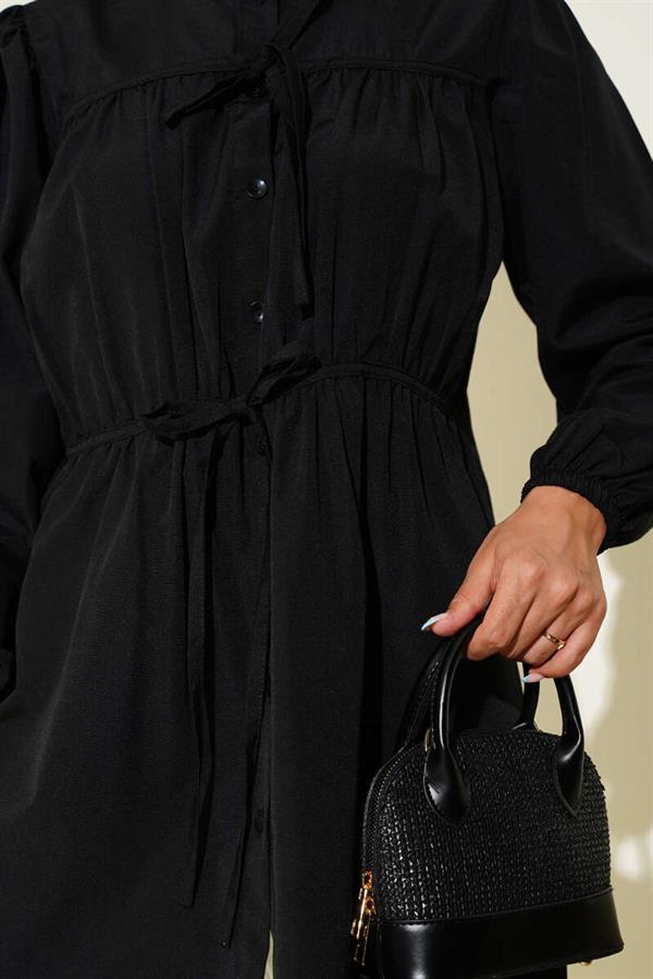Black Shirt with Drawstring and Lace Front