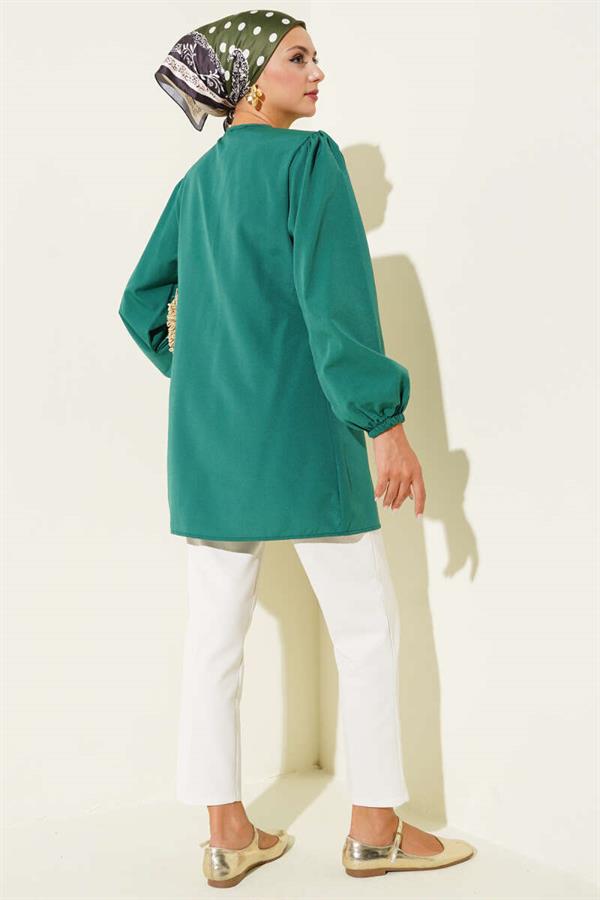 Green Shirt with Drawstring and Lace Front