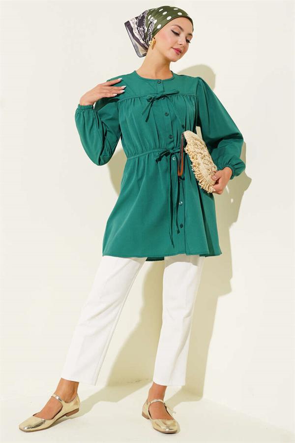 Green Shirt with Drawstring and Lace Front