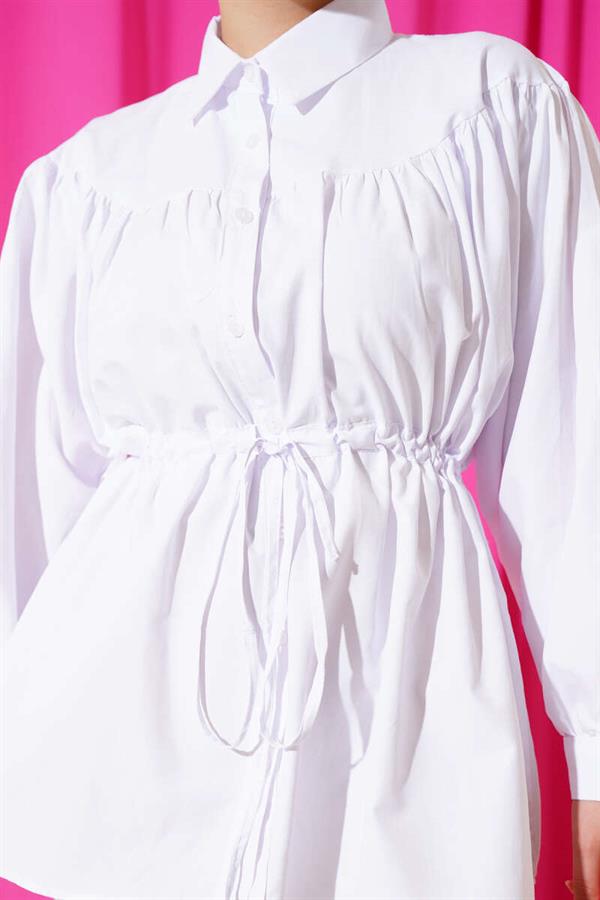 Front Pleated Waist Tunnel Shirt White