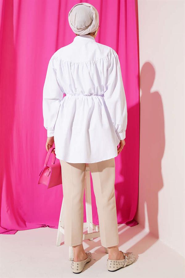 Front Pleated Waist Tunnel Shirt White