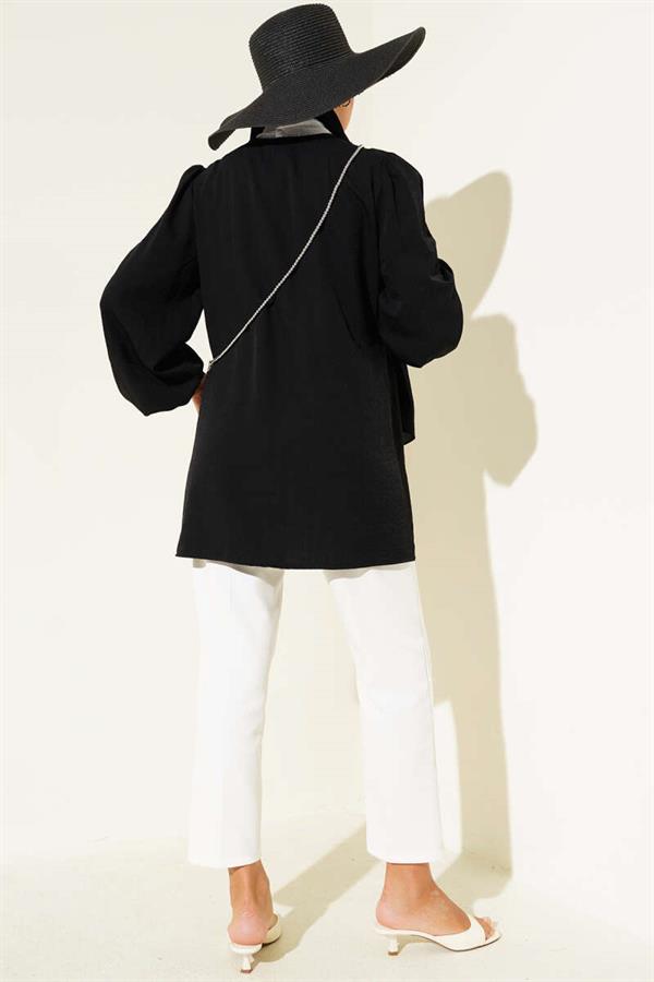 Kimono Black with Pleated Front and Elastic Wrists