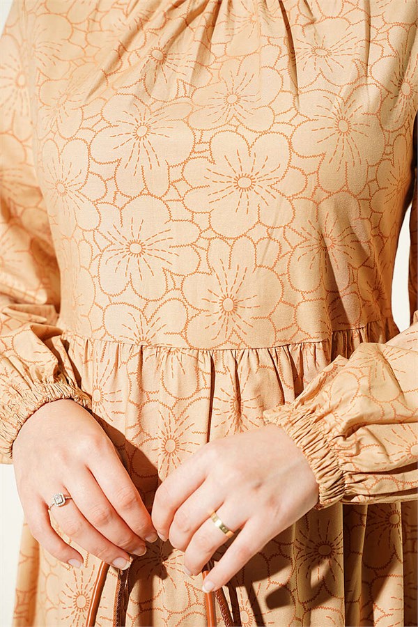 Latte Floral Print Dress with Gathered Front