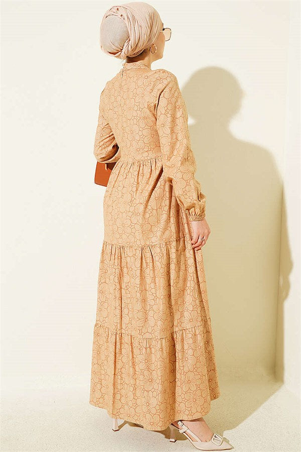 Latte Floral Print Dress with Gathered Front