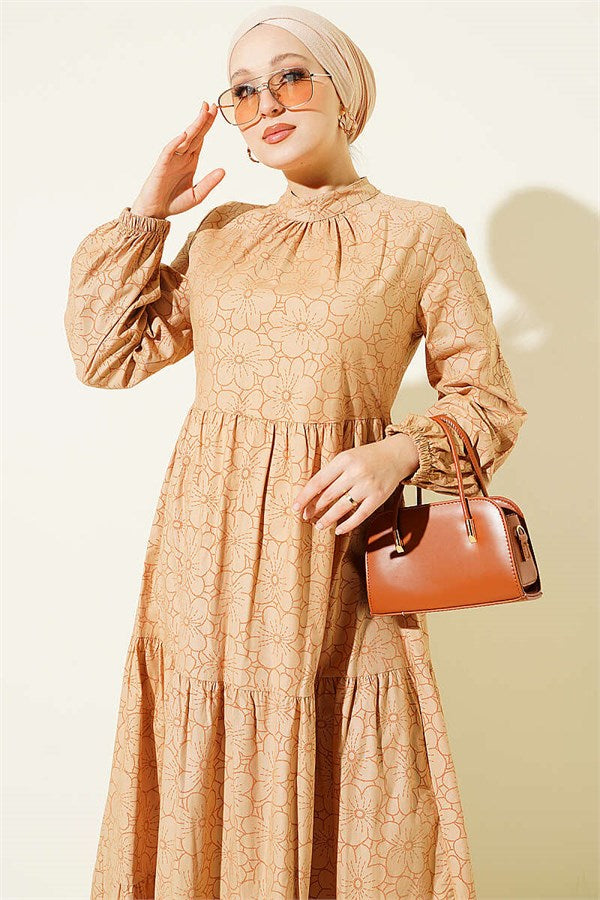 Latte Floral Print Dress with Gathered Front