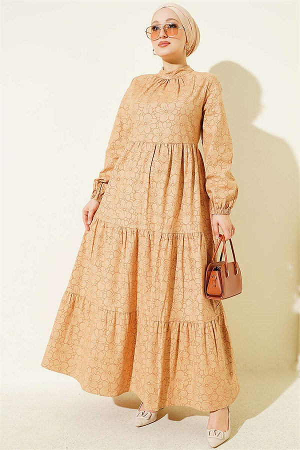 Latte Floral Print Dress with Gathered Front