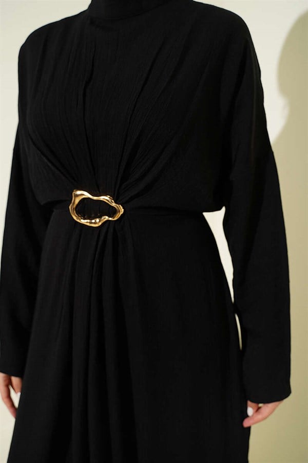 Black Dress with Gathered Front and Gold Buckle