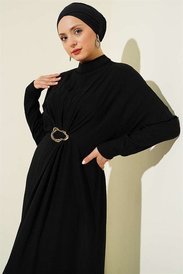 Black Dress with Gathered Front and Gold Buckle