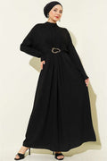 Black Dress with Gathered Front and Gold Buckle