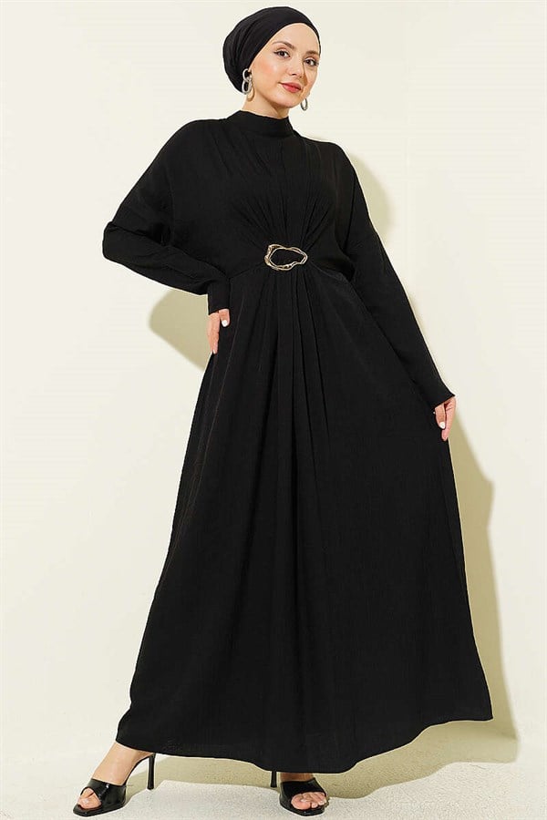 Black Dress with Gathered Front and Gold Buckle