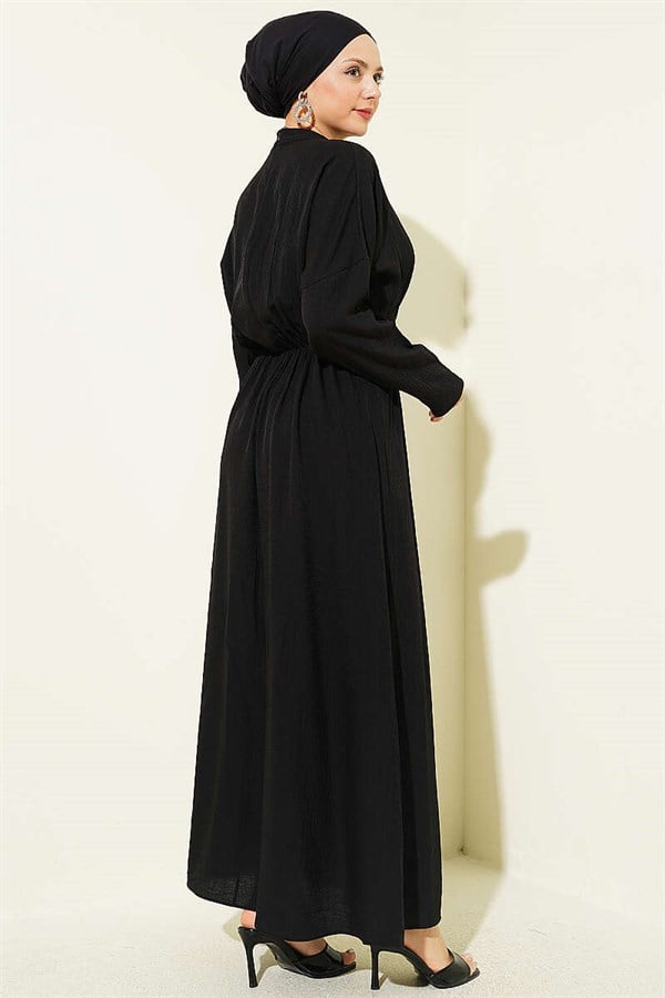 Black Dress with Gathered Front and Gold Buckle