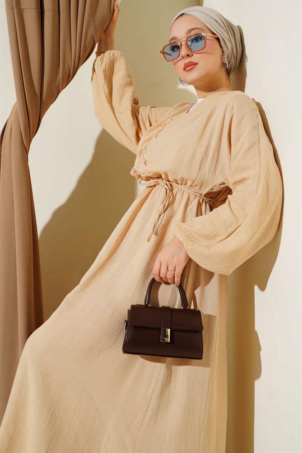 Beige Pleated Lace-Up Dress