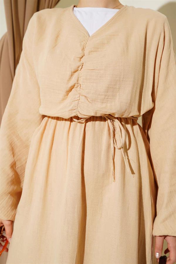 Beige Pleated Lace-Up Dress
