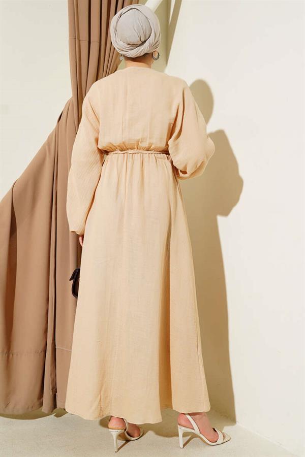 Beige Pleated Lace-Up Dress
