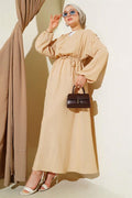 Beige Pleated Lace-Up Dress